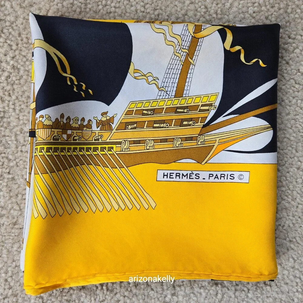 Hermès "Armada" Vintage Yellow Silk Scarf Hand Rolled Carre 90 Nautical Ships - Picture 15 of 16